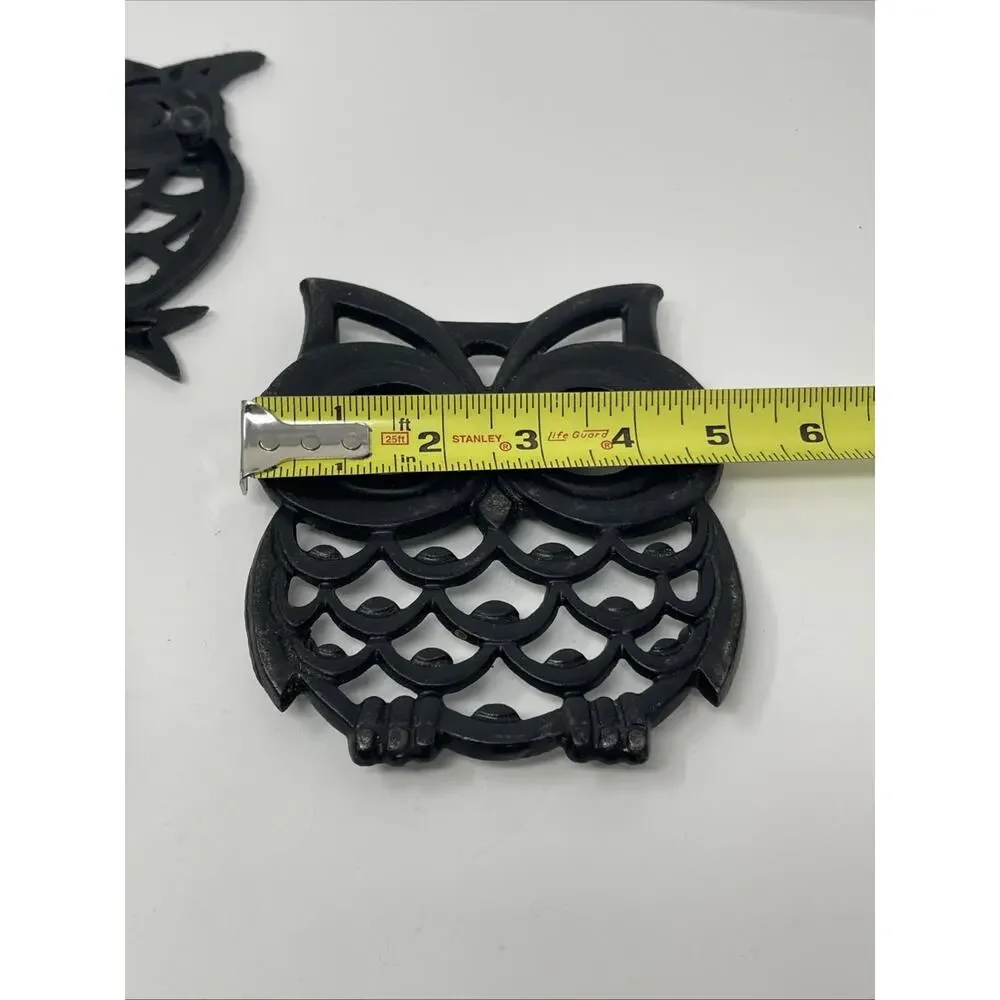 Vintage Cast Iron Trivet Black Owls Set Of 3 Hot Plates Rustic MCM Decor